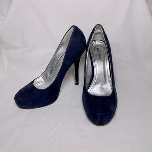 Navy blue faux suede platform pumps